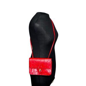 Red Faux Crocodile Embossed Shoulder Crossbody Bag With Gold Clasp By Ponte